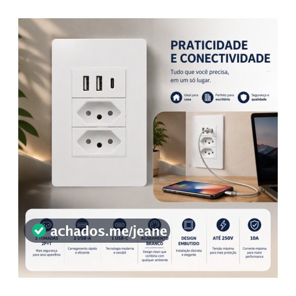 Tomada de Parede 2P+T com 2 USB + USB-C Embutida 10A 250V Branca para Quarto Escritório Casa