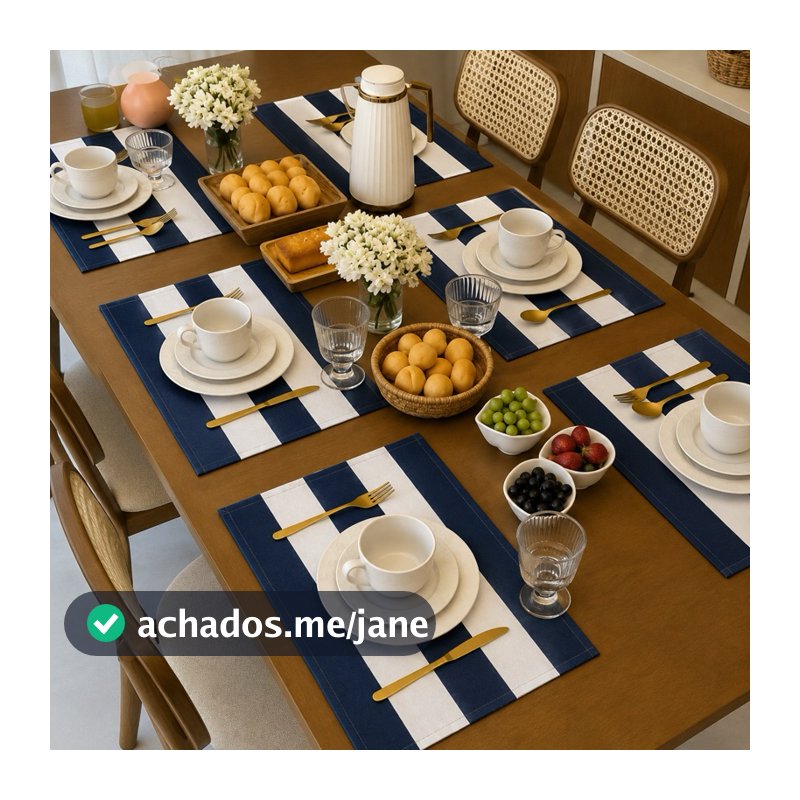 Jogo Americano Completo 12 Peças Listrado Azul Marinho 45cm x 30cm Decoração Cozinha Algodão
