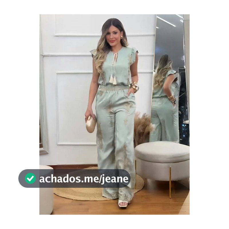 MODA LUA Conjunto Feminino: Top Bordado e Calças Largas 17-147