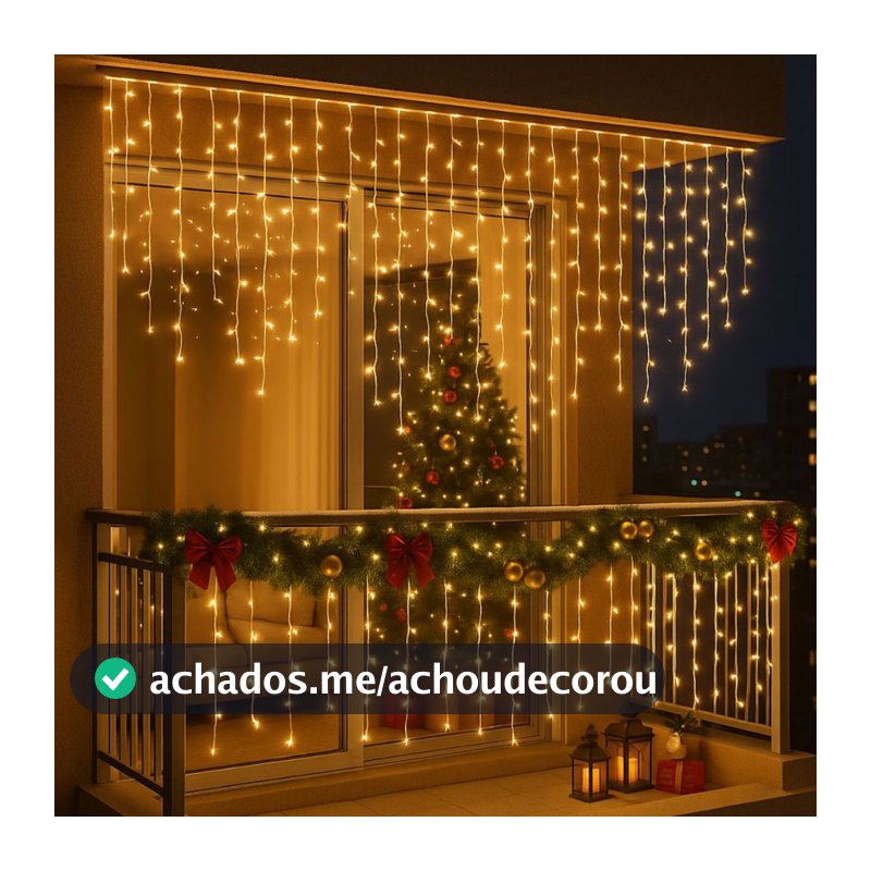 Cascata 400 Leds 10m Branco Quente Natal  8 Funções 110/220V Pisca/Fixo