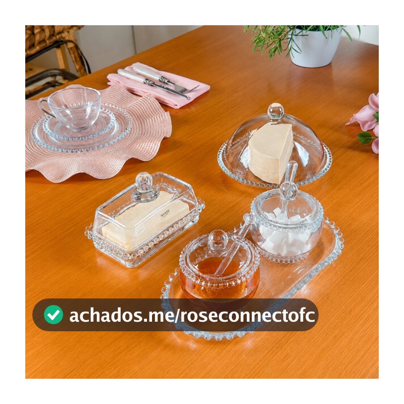 Kit Café da Manhã 5 Itens VIDRO: Queijeira + Manteigueira + Açucareiro + Meleira + Travessa Pearl Bolinhas Wolff