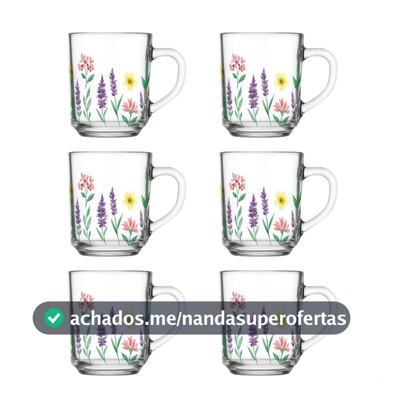 Kit Jogo De Xicara Caneca De Vidro Decorado De 230ml Jardim Flores Lavanda