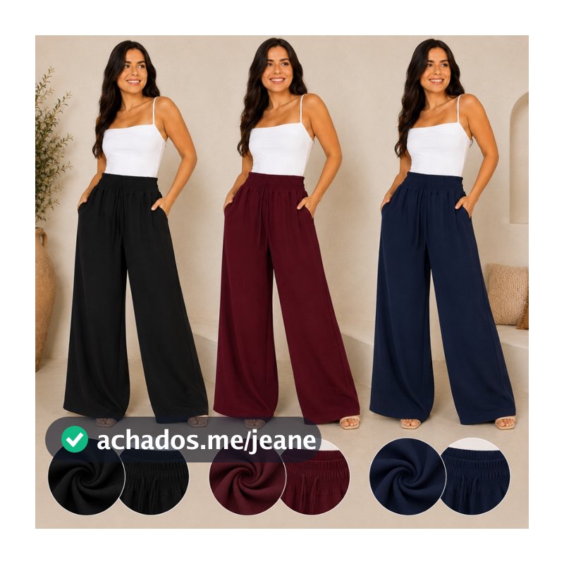 Calça Pantalona Duna Feminina Cintura Alta Tecido Leve Soltinha com Bolso