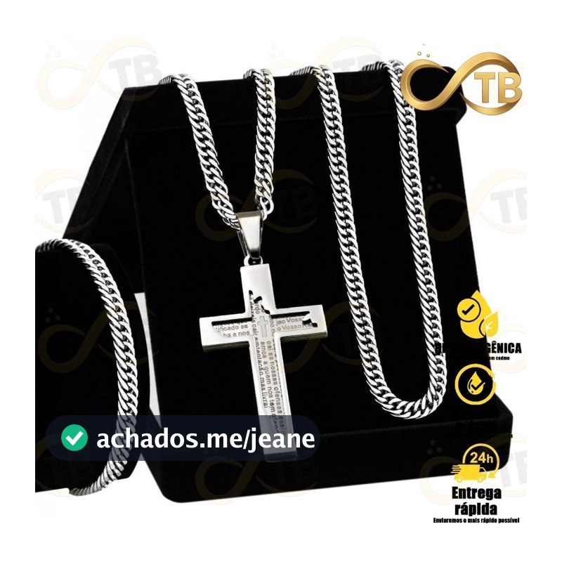 TB Presentes Moda Conjunto Colar Corrente de Masculino Pulseira Pingente Cruz Grande Jesus Aco Inox