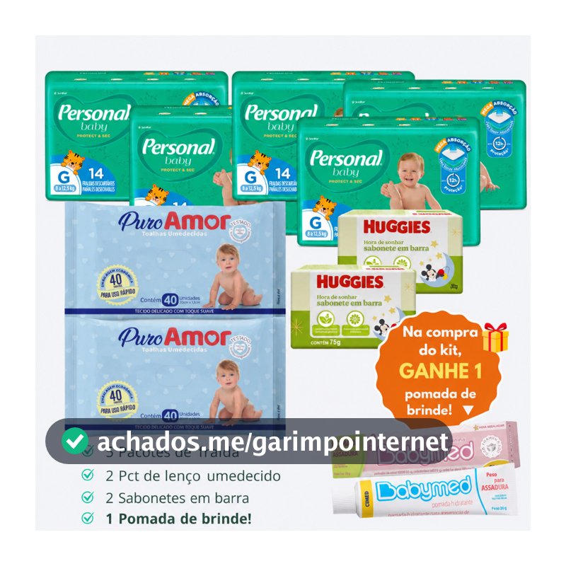 Kit 5 Pacotes Fralda  Descartável Personal Baby + 2 Lenço Umedecido + 2 Sabonetes + 1 Pomada de Assadura