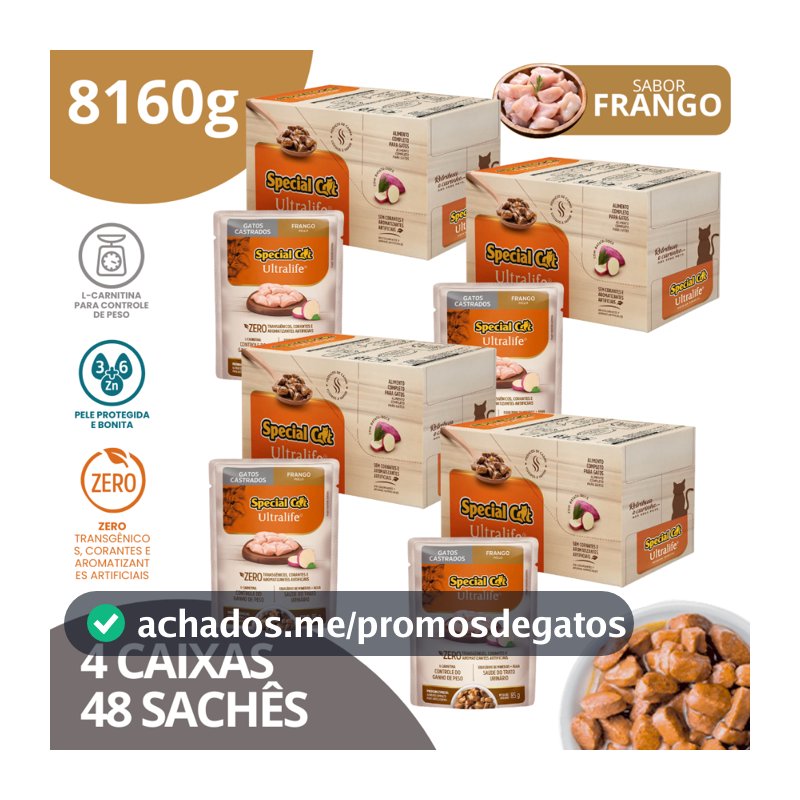 Kit 4 Caixa 12 Sachê Special Cat Ultralife Castrados Sabor Frango - 85g