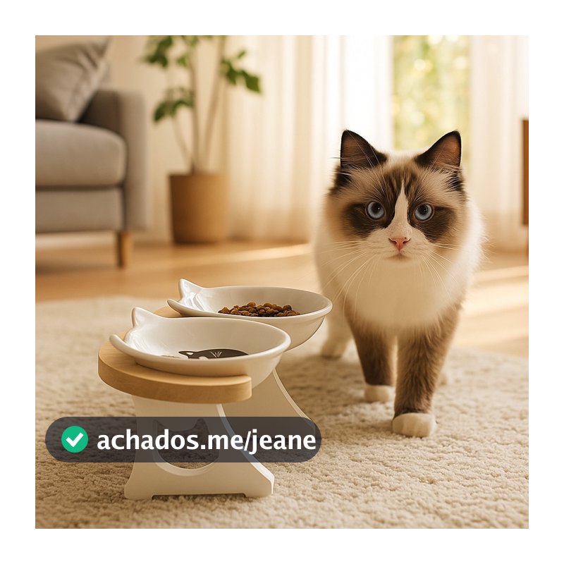 COMEDOURO DUPLO ELEVADO PARA GATOS COM TIGELA DE PORCELANA ERGONÔMICO