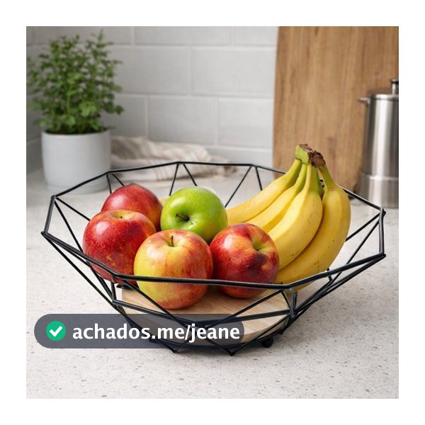 Fruteira de Mesa Preta 🍎 Organizador de Frutas Aço com Base Madeira Moderna Cozinha Luxo