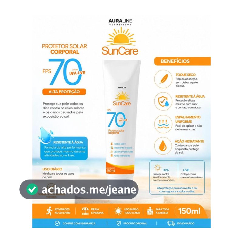 Protetor Solar FPS 70 SunCare UVA+UVB Toque Seco Resistente à Água 150ml