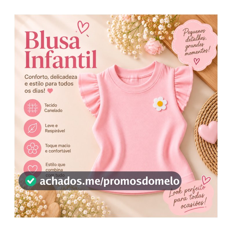 Blusa Infantil Menina Canelada Manga Curta com Babado Feminina Tamanho 4 ao 12