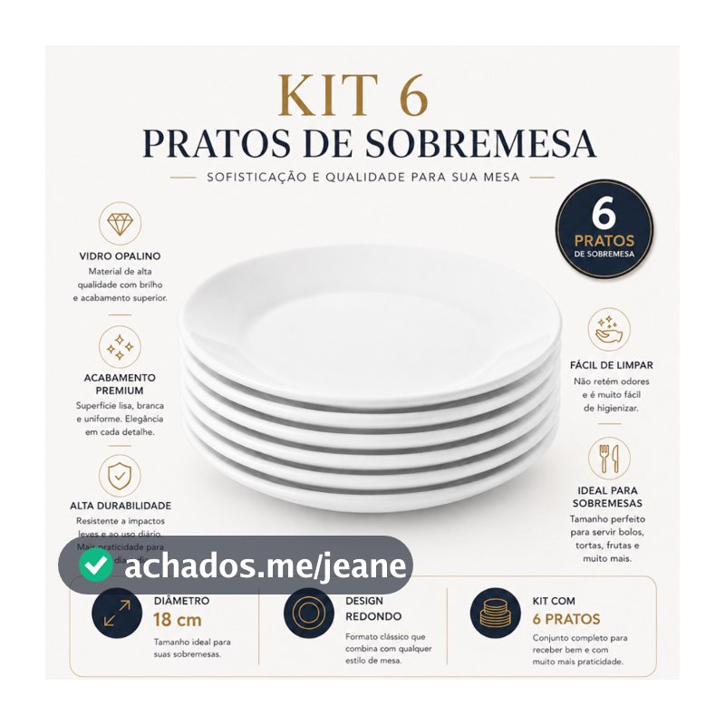 Jogo 6 Pratos de Sobremesa Redondo Opaline Vidro Branco 18cm Resistente Mesa Posta Elegante Luxo