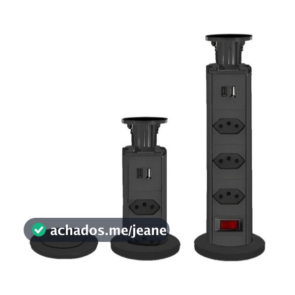 Torre de Tomada Preta Retrátil 3 Entradas + Usb Tipo C Embutir Bivolt Multiplug 10A Mesa Bancada