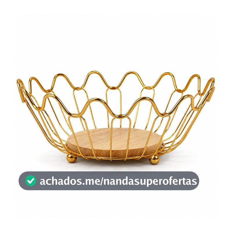 Fruteira de Mesa Aramada Metal Dourado 27cm com Base de Madeira Organizador Decorativo Premium