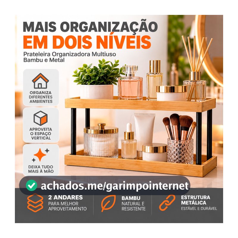 Prateleira Organizadora Multiuso de Bambu com Estrutura Metálica 2 Andares.