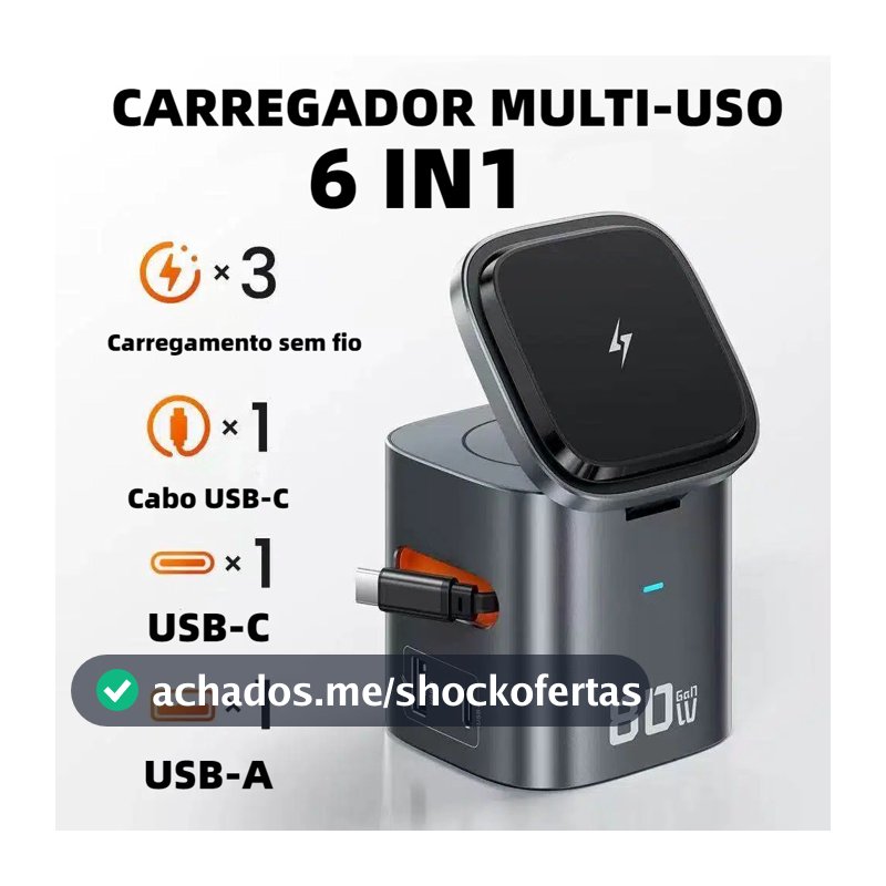 Carregador multi uso 6 em 1 Estação de carregamento magnética com cabo retrátil, carregamento super-rápido de 80 W N801