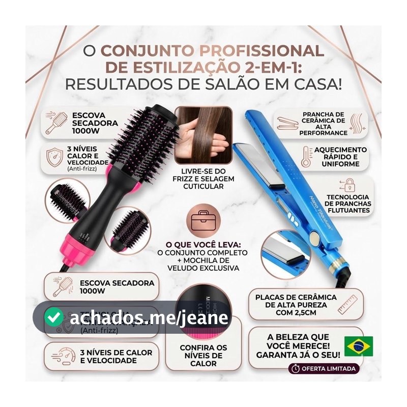 Kit Chapinha Prancha Alisadora Bivolt + Escova Secadora Modeladora, Íons Negativos, Alisa e Faz Cachos Cabelo