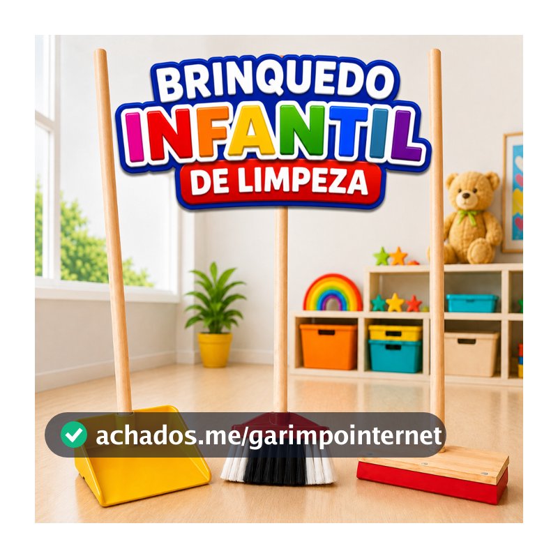 Brinquedo Infantil de Limpeza Mini Vassoura Rodo e Pá Brinquedo Educativo Cabo de Madeira e Selo Inmetro