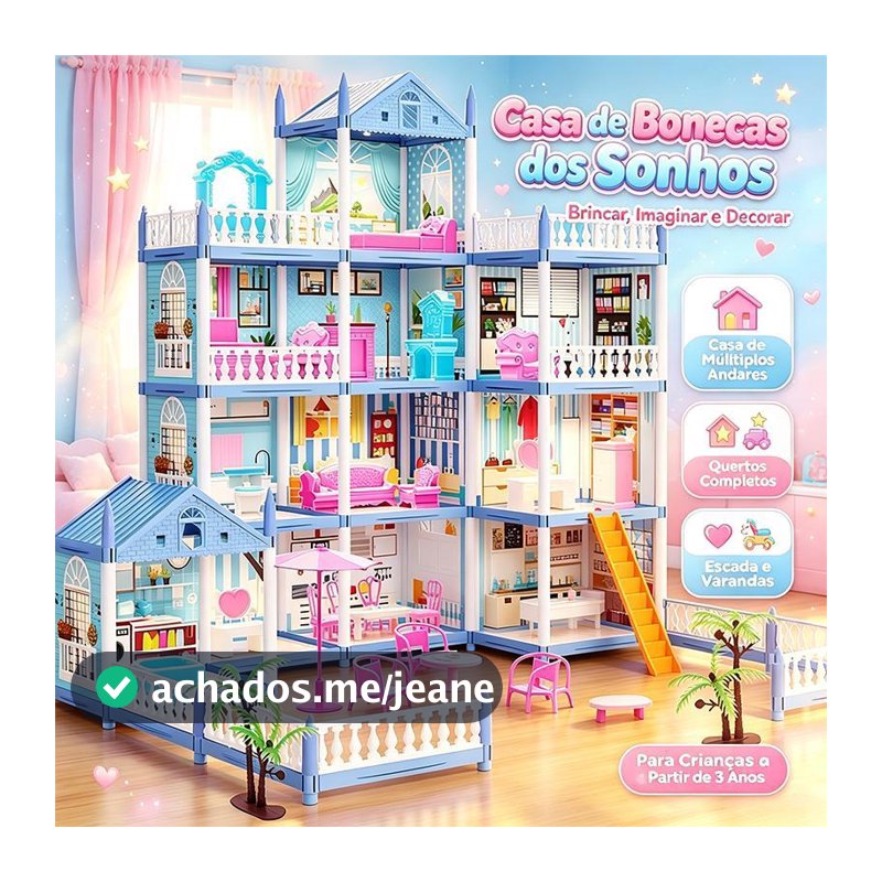 Casinha De Boneca Infantil Grande Com 4 Andares 14 Quartos Com LED Castelo Princesinha