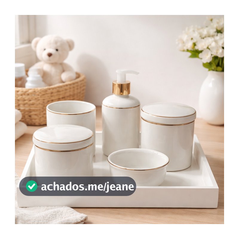 Kit Bebe Porcelana Filete Ouro Bandeja 5Pçs Higiene Delicado