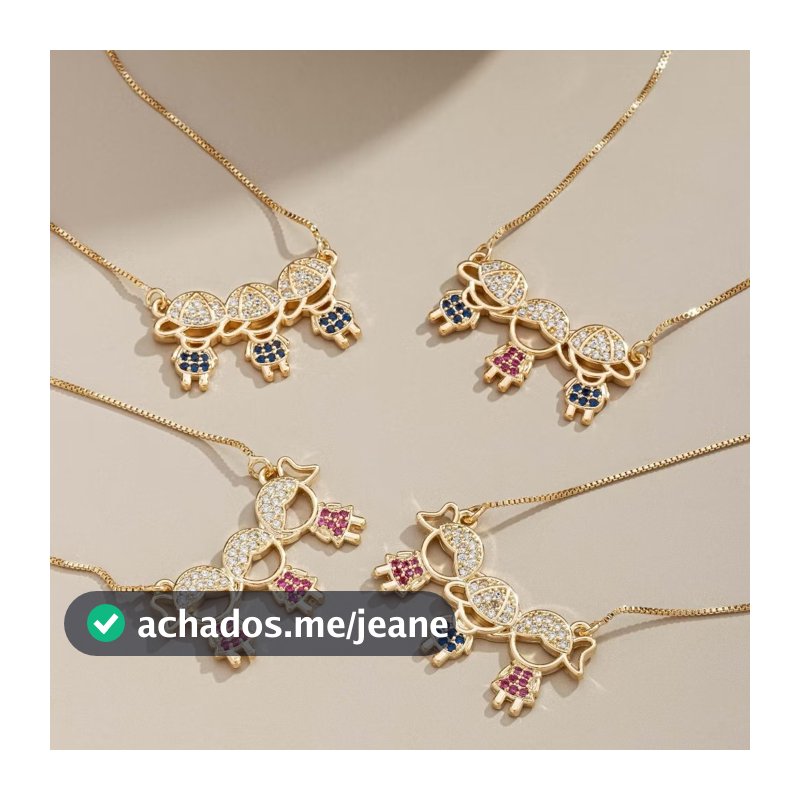 Colar Feminino com Pingentes de Crianças Menino e Menina, Cravejado em Zircônias, Banhado a Ouro 18K e Prata 925