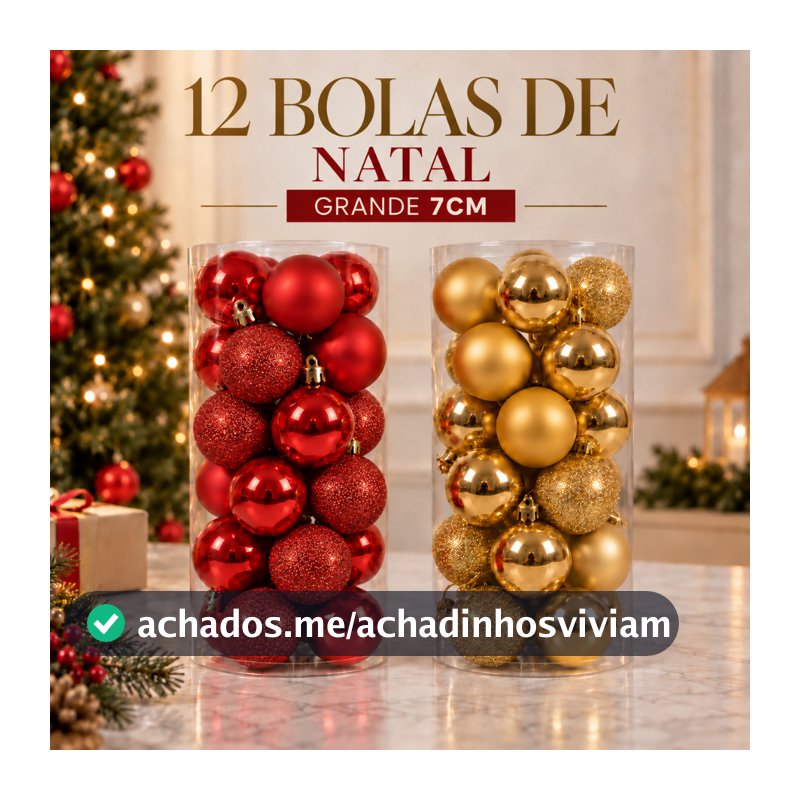 Kit 12 Bolas de Natal Grandes 7cm Vermelho e Dourado – Enfeites Natalinos para Árvore de Natal