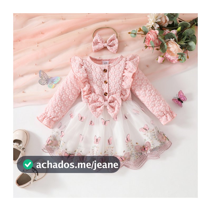 Adorável Bebê Meninas 3D Borboleta Manga Comprida Babados Malha Patchwork Vestido Fofo E Charmoso Para Roupas Infantis D