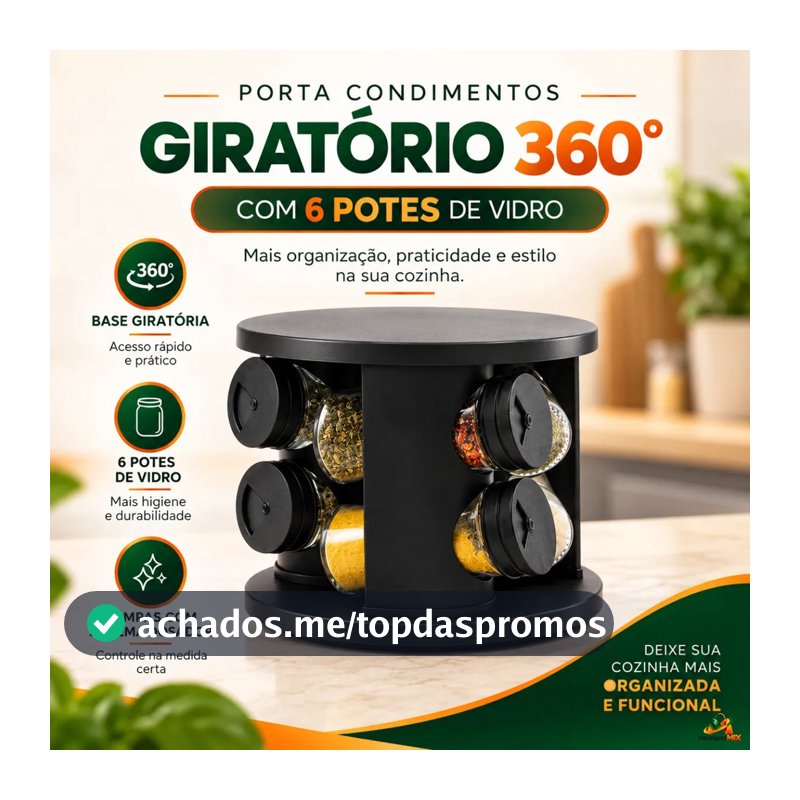 Porta Condimentos Giratório 360° com 6 Potes de Vidro e Tampa Dosadora