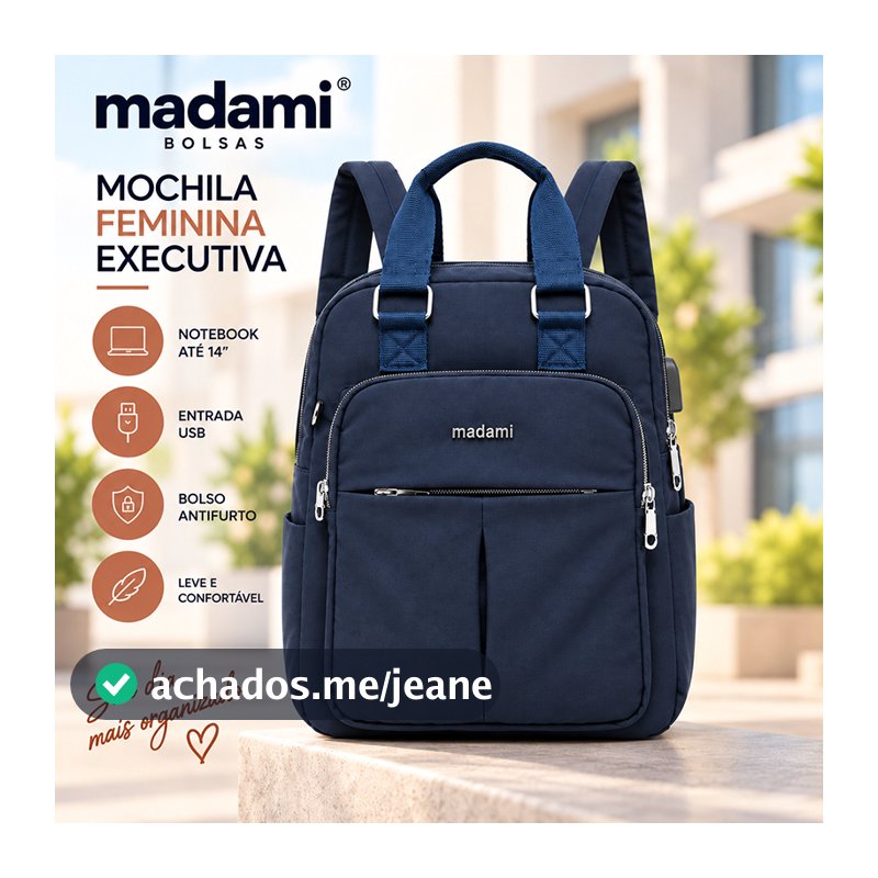 Mochila Feminina Executiva Notebook 14 Antifurto USB Reforçada Madami