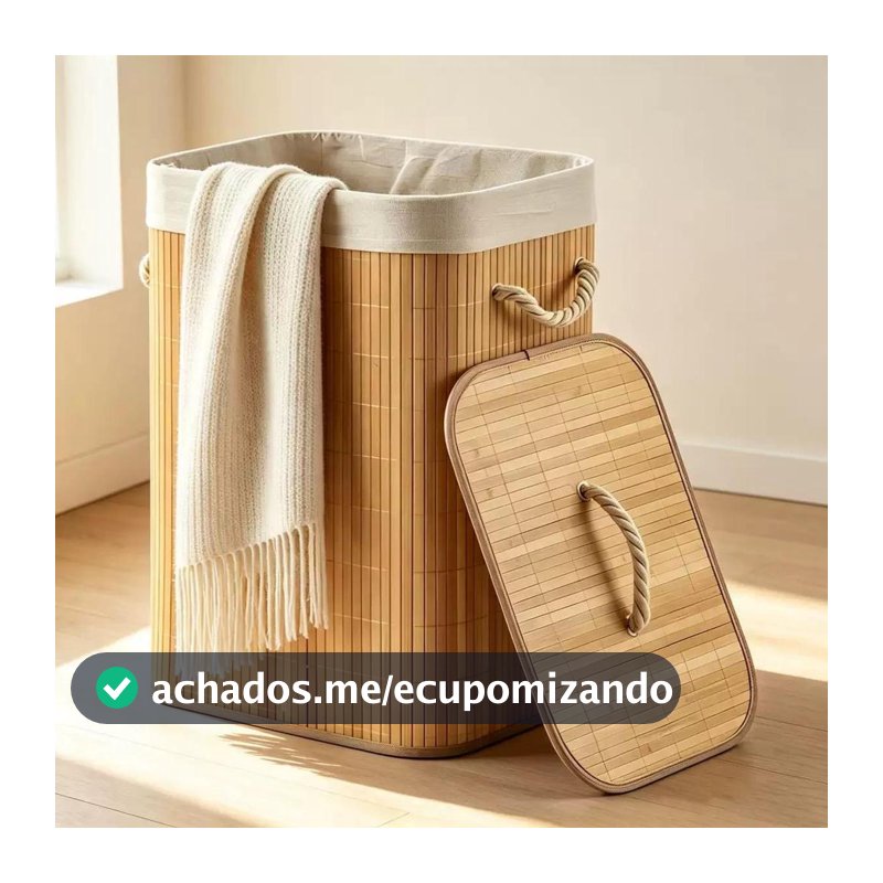 Cesto de Roupa Suja Bambu Retangular 72L Com Tampa Alças Forrado Organizador Banheiro Lavanderia Multiuso