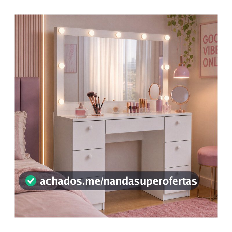 Penteadeira Luna Kit Com Luz Espelho Camarim  7 Gavetas Organizador Quarto Premium