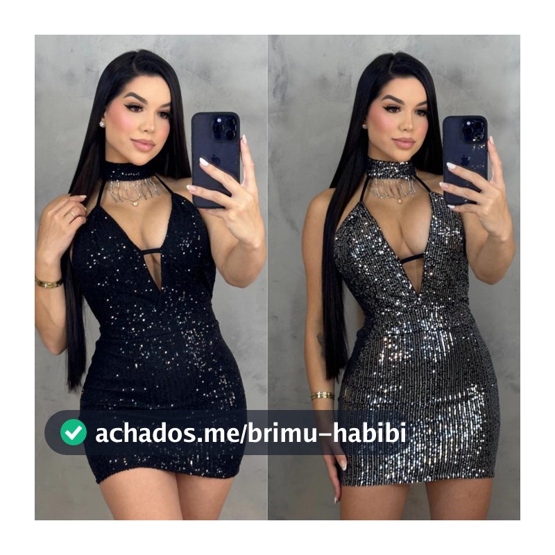 Vestido Paetê Decotado, Alça Fina C/ Gola Alta Franja de Strass, Decote com Bojo, Curto Coladinho Brilho Noite Balada