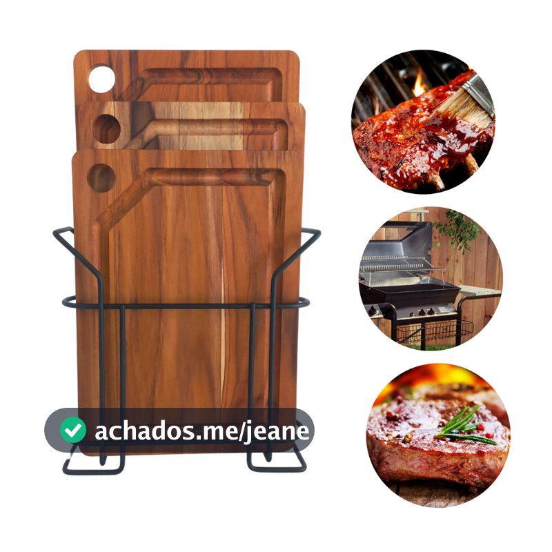 Kit 3 Tábuas Churrasco Legumes Verduras Multiuso Madeira Com Suporte