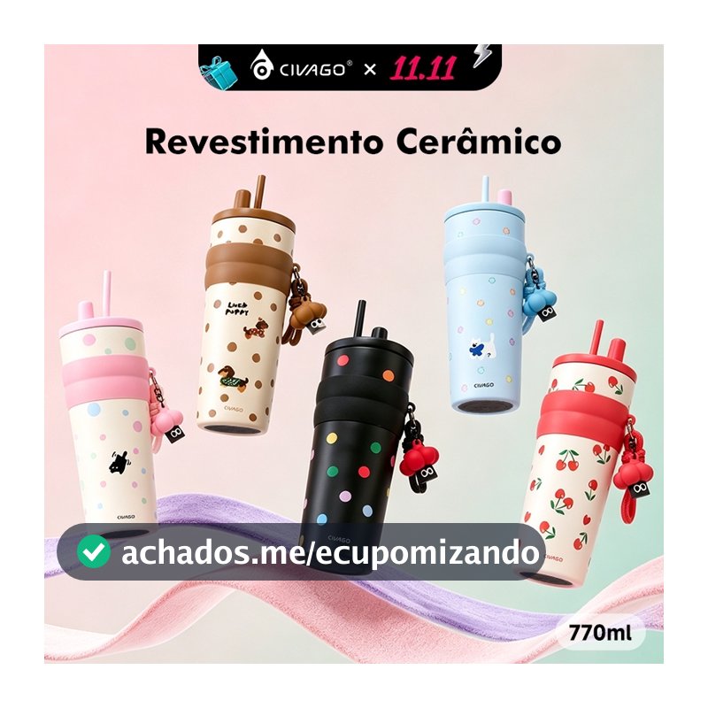 CIVAGO Fashion Garrafa Térmica Inox 770ml Revestimento Cerâmico com Canudo e Tampa Antivazamento Quente/Frio com Pingent