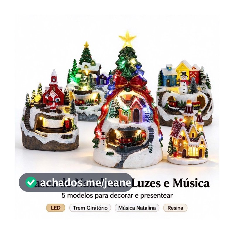 Enfeite de Natal Vila de Neve Resina com Luz LED Trem Giratório e Música Decoração de Mesa Presente Natalino Vários mode