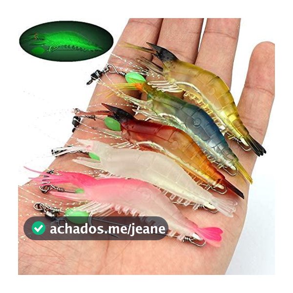 Conjunto 5 Iscas Luminosas De Pesca De Camarão Com Contas Giratórias De Anzol Silicone Artificial Isca Brilhante Robalo
