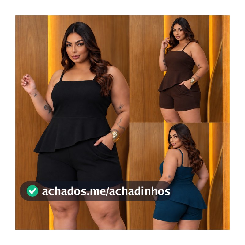 Conjunto Feminino Plus Size Elegante e Casual Assimétrico Duna Blusa Elástico e Shorts Curto Moda Verão Confortável  -