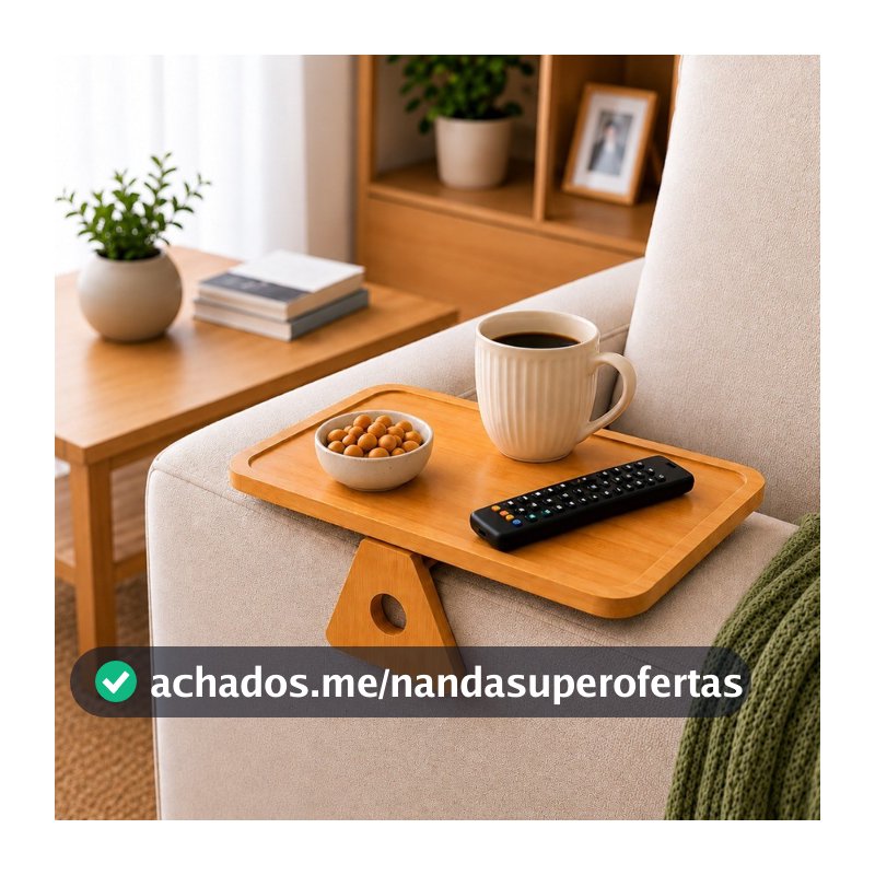 Bandeja para Braço de Sofá em Bambu Dobrável Porta Copo Celular Controle Petiscos Mesa de Apoio