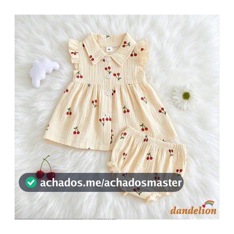 Conjunto De Blusas De Botão De Lapela Sem Mangas Com Estampa De Cereja Adorável Para Bebês Meninas Shorts Combinando