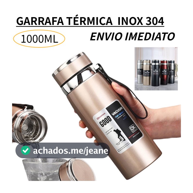 Garrafa 1000ml Inox Térmica Com Infusor Prata e Dourada De Água Café Dupla Com Alça