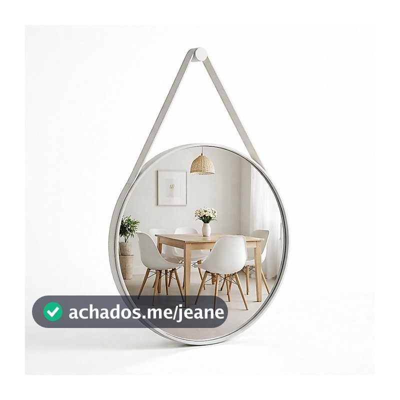 Espelho Redondo Decorativo Adnet Alça Couro Suporte 60cm Sala Quarto Banheiro