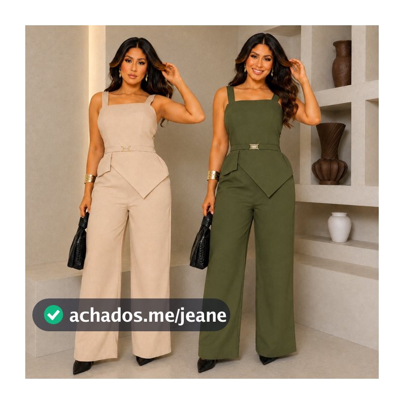 Conjunto Feminino Cropped e Calça Pantalona em Sensorial Marrant com Cinto | JHEREMI MODAS