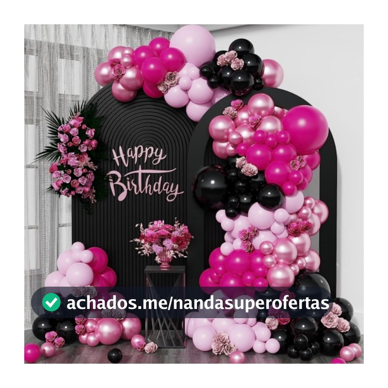 Kit 135 Balões Rosa Pink Preto + Fita Decoração Bexiga Festa Cromado Arco Desconstruído Balão Evento Aniversario