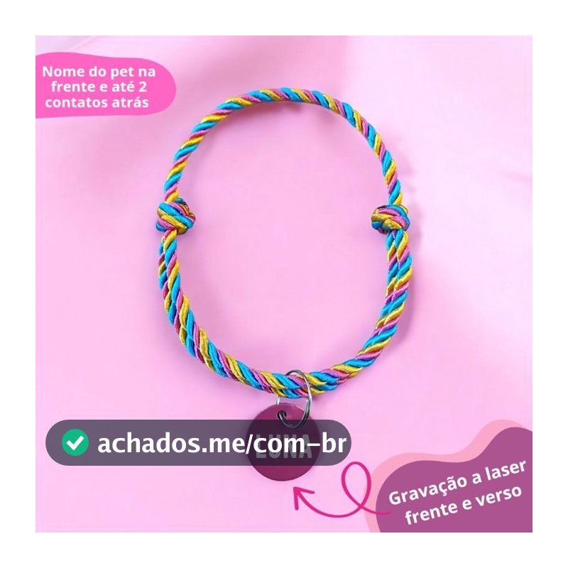 Coleira colar de cordas trançadas ajustável com plaquinha de identificação para cachorro e gato