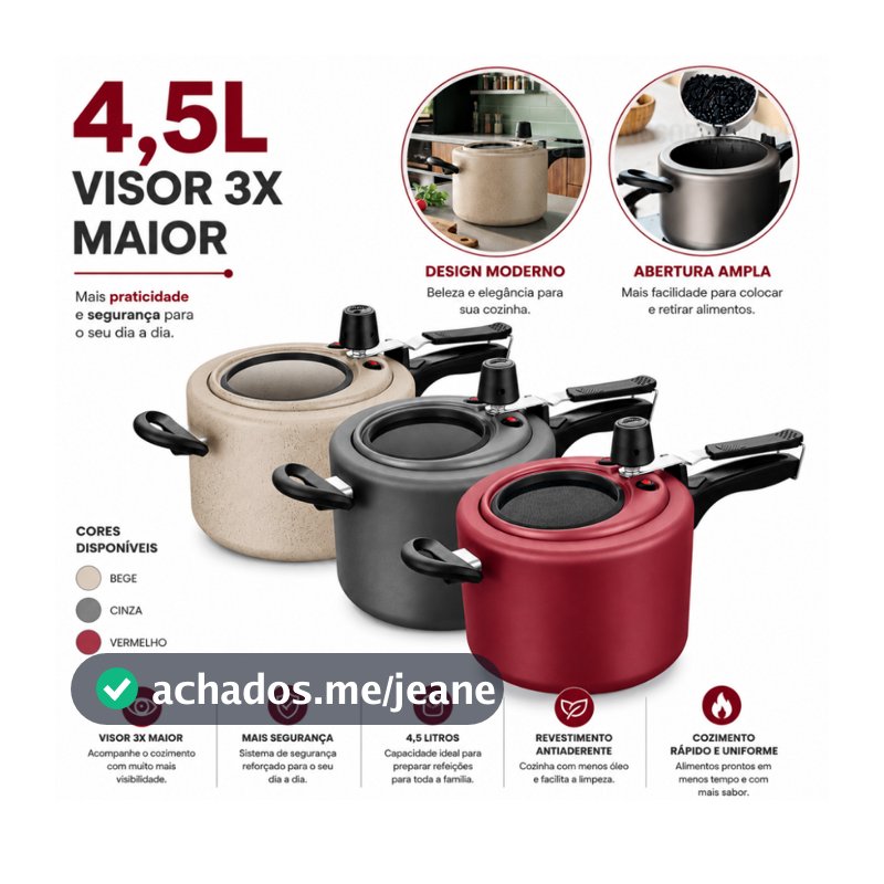 Panela de Pressão 4,5L Antiaderente com Visor de Vidro na Tampa 12cm Grande Grafite / Cereja / Perola 4,5 Litros MTA