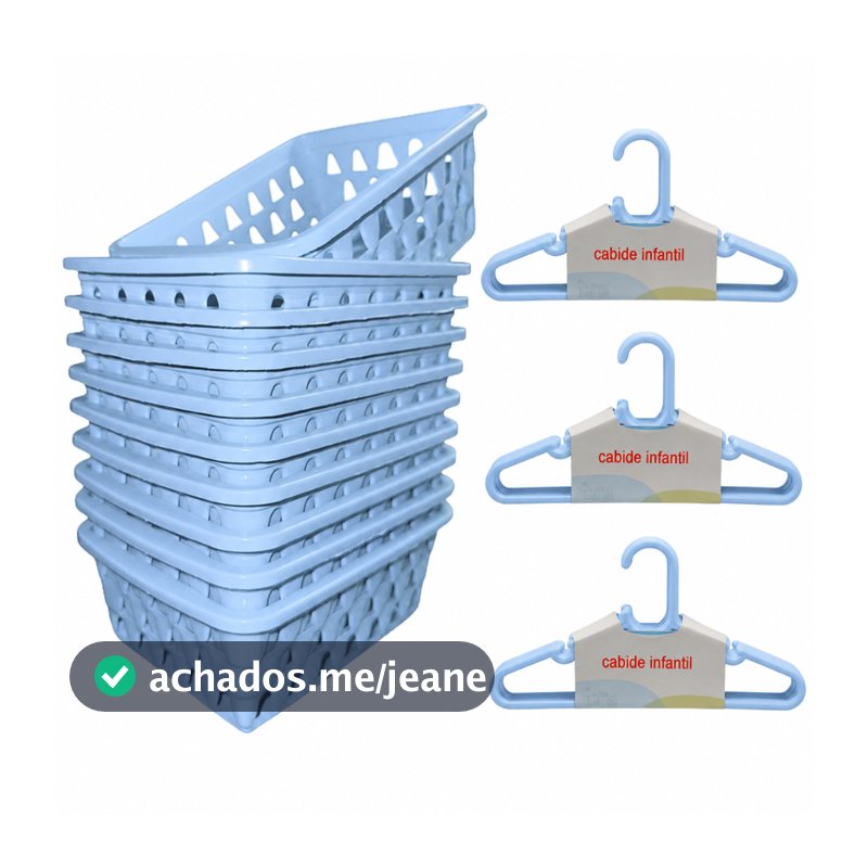 Kit 10 Cabides Infantil Azul + 10 Cestos Infantil Plástico Reforçado Criança Bebê Organizador