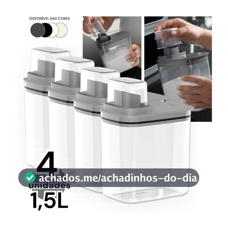 Kit 4un Dispenser Flow 1,5 Litros Porta Sabão Líquido em Pó Amaciante Alvejante Organizador Armário de Lavanderia