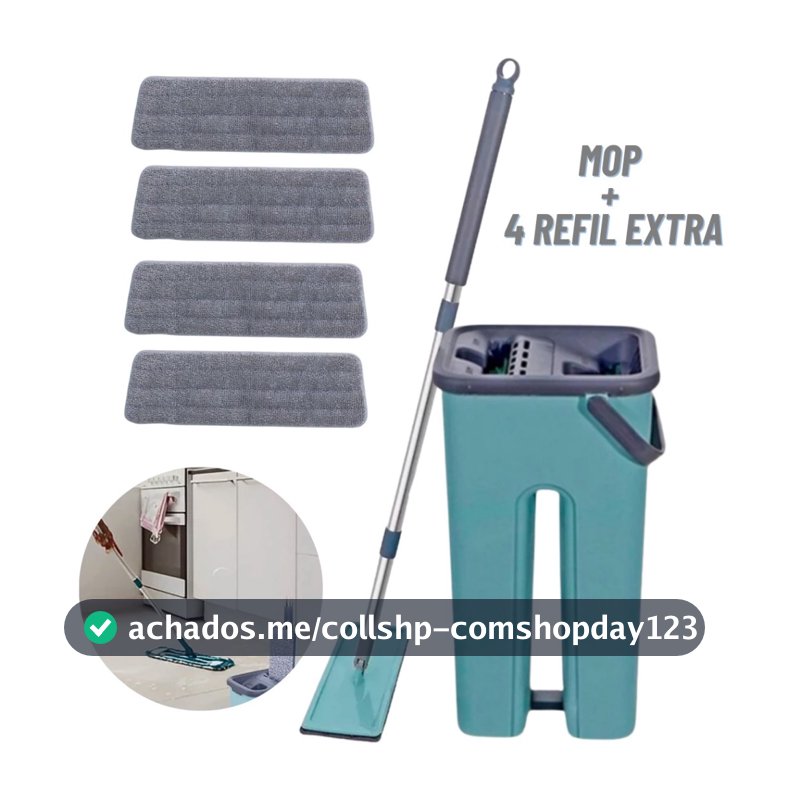 Mop Flat Esfregão Com Balde Rodo Mágico Lava Seca Tira Pó + 4 Refil