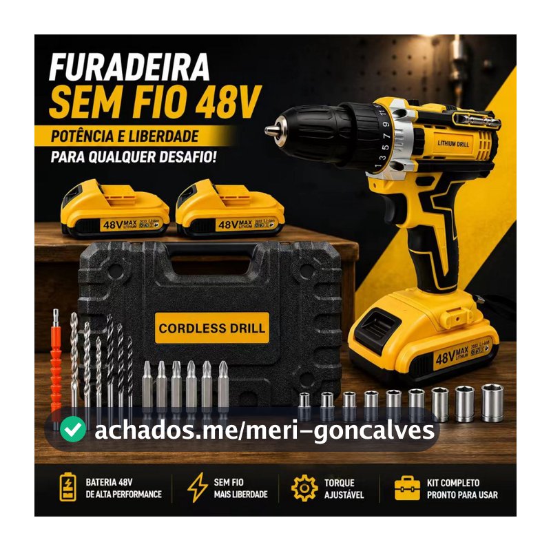 Parafusadeira Furadeira Sem Fio 48V - Carregador Bivolt 110/220V Kit com 1 OU 2 Bateria e Maleta OU caixa de papelão