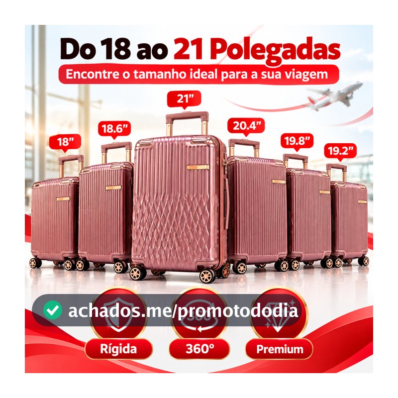 Mala de Viagem Rose Gold com Rodinhas Removíveis Zíper Reforçado PVC Vários Tamanhos 18 a 21 Polegadas
