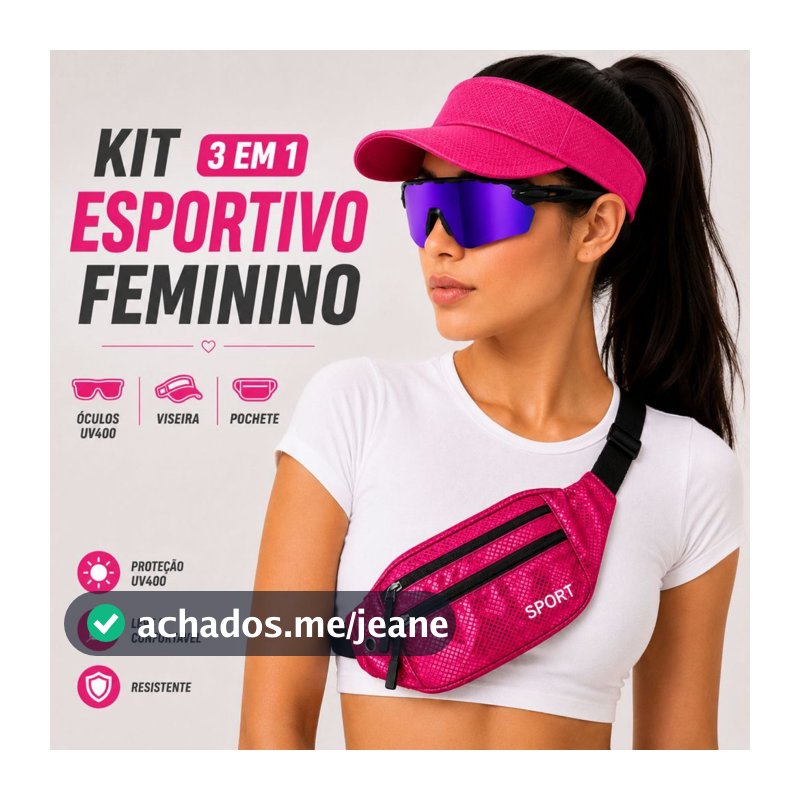 Kit Feminino Esportivo 3 em 1 Óculos UV400 Viseira Pochete Corrida Academia Caminhada Bike Verão